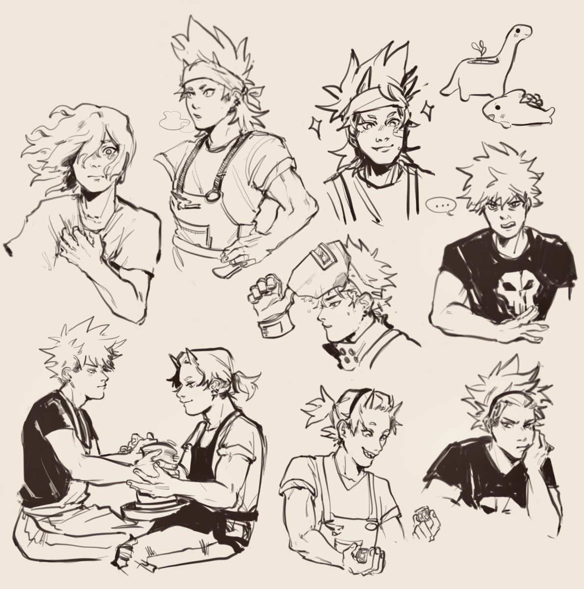 been awhile since i got to do a doodle page (⁎⁍̴̛ᴗ⁍̴̛⁎) 
but here's artists welder!Bakugou and potter, AU BY @BoomGubbins !!!! tq for the good food 