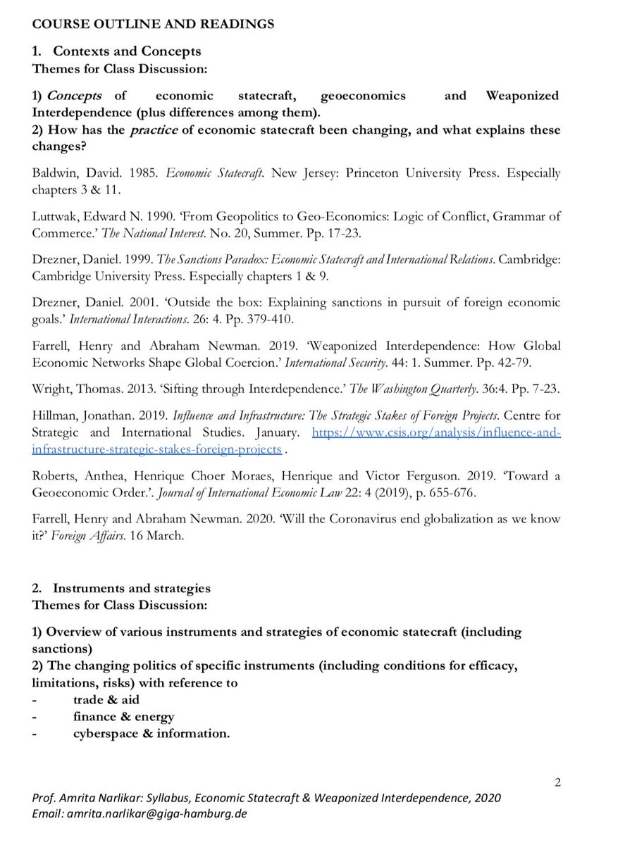 AmritaNarlikar's tweet photo. 1/ For those of you who were interested in my #MA course on #EconStatecraft & #WeaponizedInterdependence, herewith pics as promised. We'll also be putting it up online, as legibility of pics is not ideal. 5 pics in total, in thread... https://t.co/aNDYCpDT63