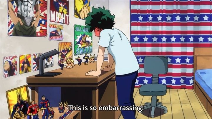 Todoroki comes to Deku's room to return a mechanical pencil that Deku dropped during an English tutoring session. When he enters Deku's room he says, "You got a lot of All Might in here."It piques his interest and he says, "Maybe I should try collecting a figurine too" lol