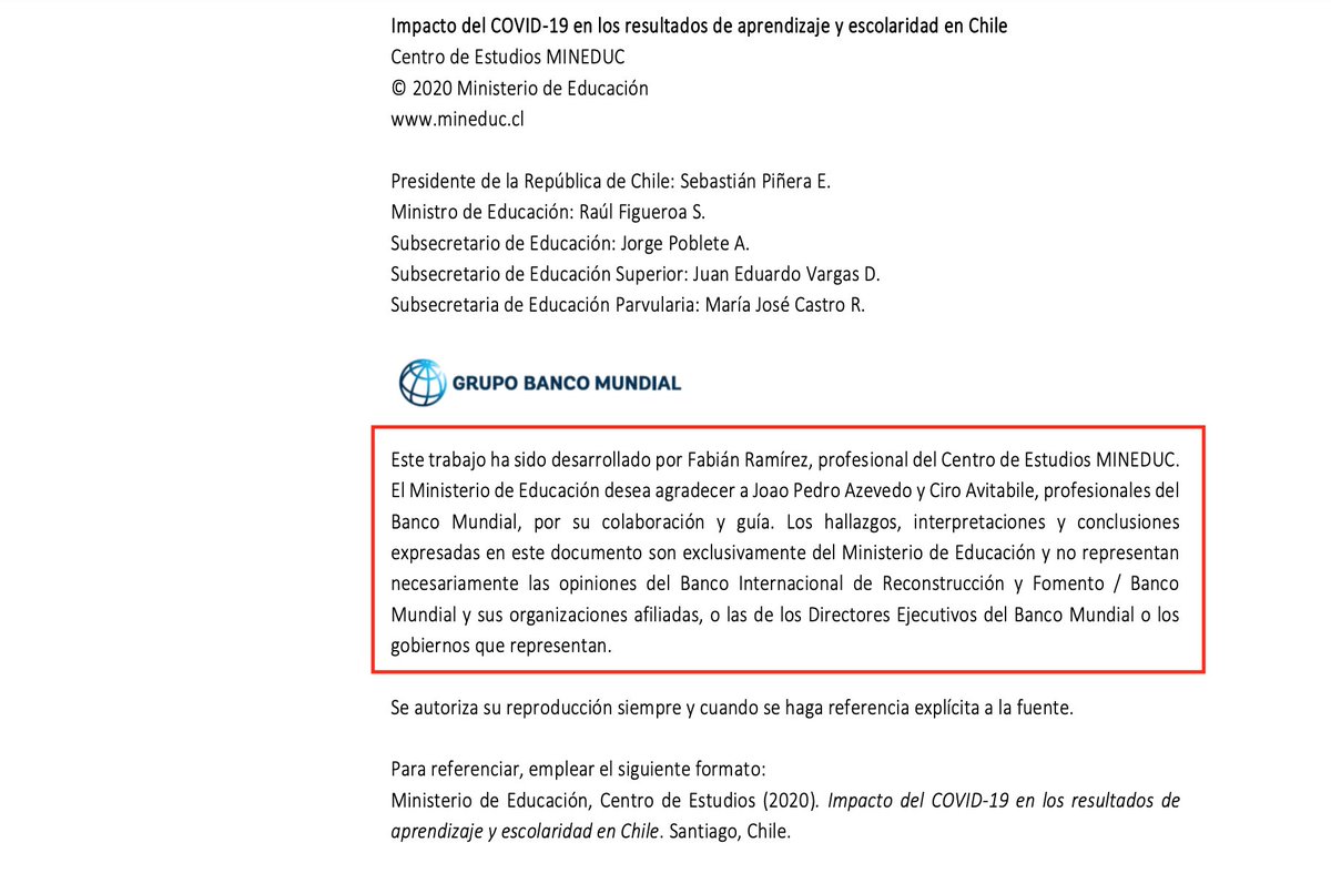 El documento advierte que los "hallazgos, interpretaciones y conclusiones" no representan la opinión del  @BancoMundial. El autor es Fabián Ramírez, ingeniero comercial del Mineduc, quien contó con la “colaboración y guía” de dos profesionales del organismo internacional.