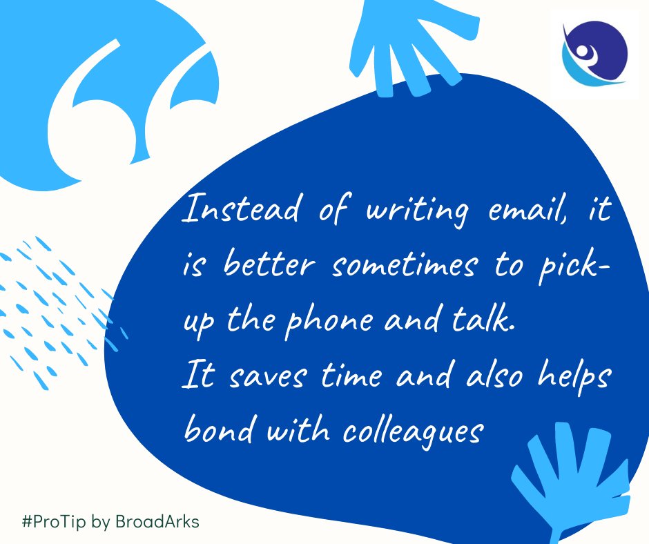 BroadarksTech's tweet photo. This may sound Counter-intuitive - Sometimes just a quick call or walk across and talking it out in person may do the trick, it works better than responding to long chain mails!
#WorkplaceTips #Email #FirstJobbers https://t.co/q12CbmcxHR