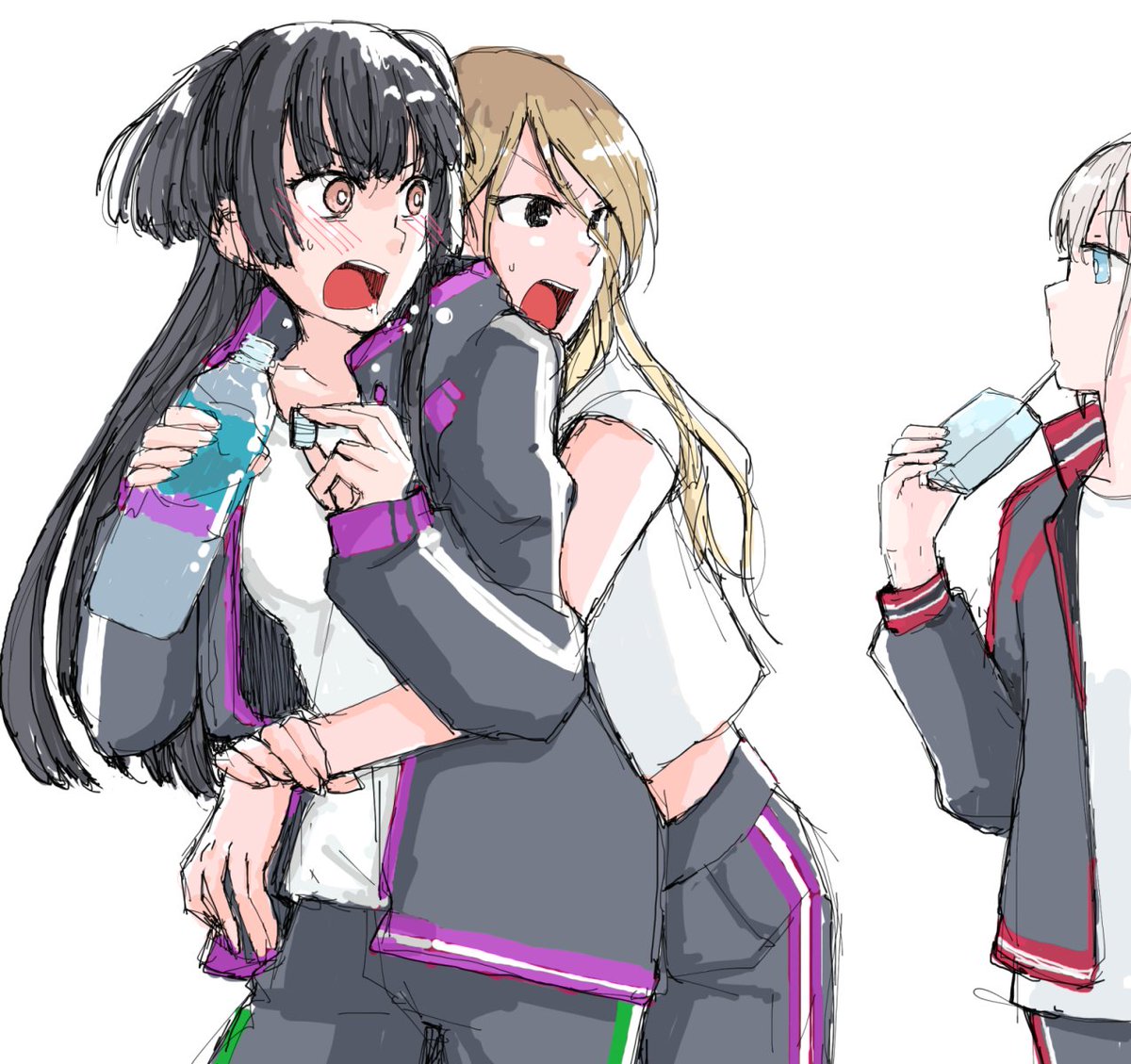 izumi mei ,mayuzumi fuyuko ,serizawa asahi multiple girls 3girls drinking black hair hug from behind long hair hug  illustration images