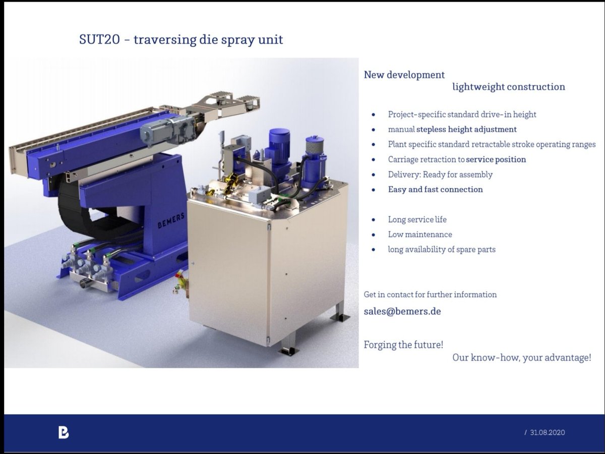 NistelCroy's tweet image. New development of a fast running linear spray system as a lightweight construction - our brand new SUT20 - traversing die spray unit.

#spraysystem #sprayunit #Bemers #dieforging #forging #sprayhead #toollife #forgingthefuture #lightweight #manipulator #spray #lubrication #cool
