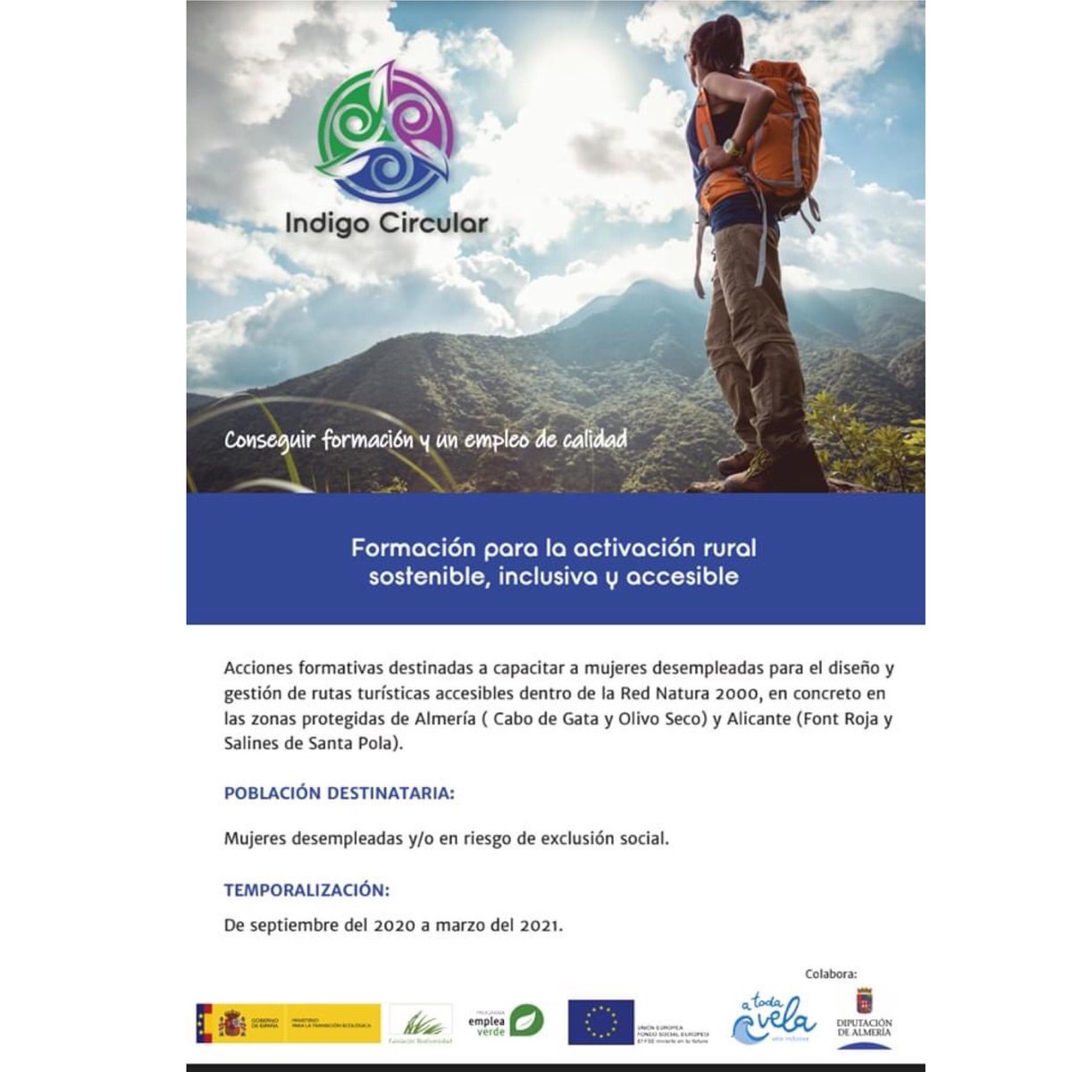 A_Toda_Vela's tweet image. Formación para la activación rural sostenible, inclusiva y accesible.
Con la colaboración de Fundación Biodiversidad del Ministerio para la #TransicionEcologica a través del #ProgramaEmpleaVerde cofinanciado por #FondoSocialEuropeo.
Formación acreditada por @dipalme_almeria