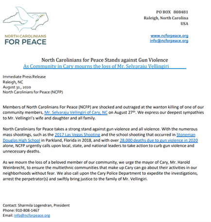 UstpacAdvocacy's tweet photo. #TamilAmericans in #NorthCarolina Mourn the loss of #Selvaraju_Vellingiri and call for measures to curb #GunViolence. Selva, 55, lived in Cary, NC was a community activist serving several Tamil Sangams in North America. RIP. Our condolences & prayers to Selva's family. #NCFP https://t.co/HBT8GTlzpz