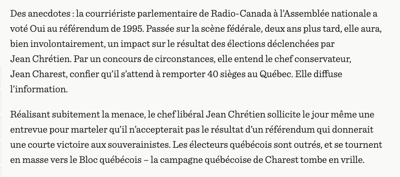 The craftiness of Jean Chrétien: according to  @stpierre_ch's newly published memoir, Chrétien intentionally boosted support for the Bloc québécois in the 1997 election to undercut Jean Charest's Conservatives.(From  https://www.lapresse.ca/actualites/politique/2020-09-01/l-automne-litteraire-des-politiciens-quebecois.php)