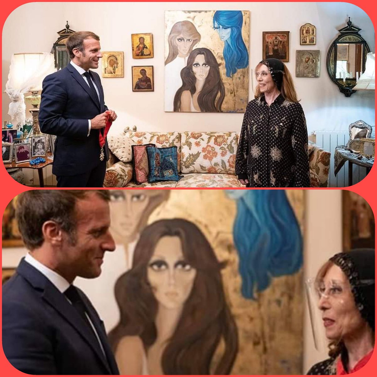 SamahaRitaMaria's tweet photo. French President Emmanuel Macron on Monday visited the home of Lebanese singing legend Fairouz.
And today, the private singer,  shared photos of the visit, showing her looking well but taking safety precautions against coronavirus by wearing a visor. 

#Fairouz
#Beirut 
#Lebanon https://t.co/b5EJn6GeB9