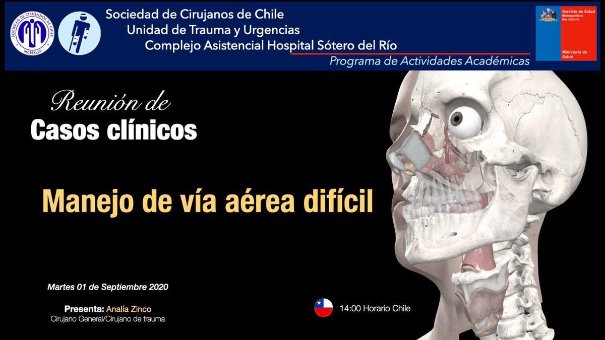 La Dra. Analía Zinco, cirujano de trauma de nuestro hospital, nos presentará un caso clinico de vía aérea difícil. Será a las 14:00 hora Chile y será trasmitida por facebook live en la cuenta: traumayurgenciasotero y Zoom. Nos vemos!

us02web.zoom.us/webinar/regist…