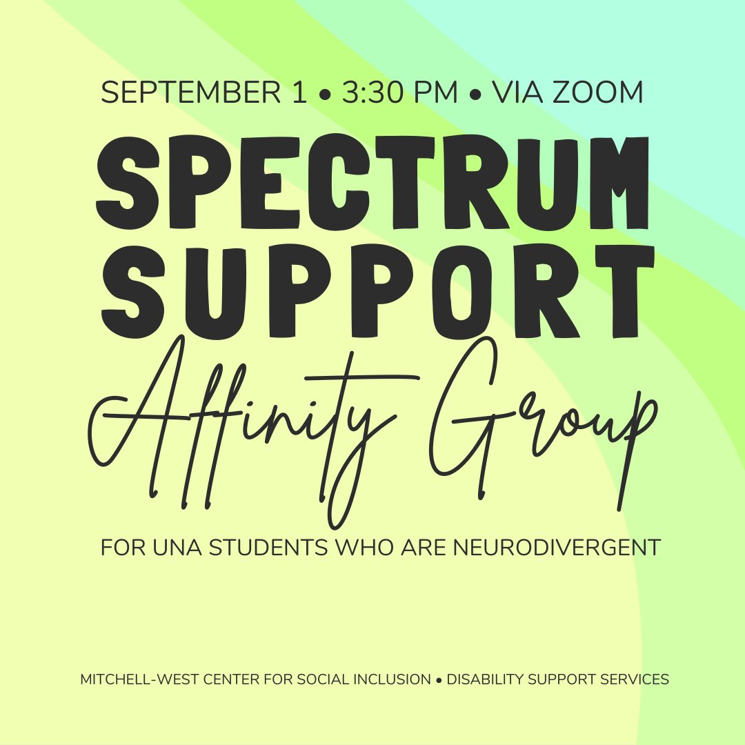 CASEatUNA's tweet image. #SpectrumSupport is specifically for UNA students who identify as neurodivergent and/or fall on the autism spectrum. The group meeting will be TODAY at 3:30 pm via Zoom. Register at: ow.ly/re4r50BdK3F
-
#myUNA #UNACOAS #inclusion #diversity