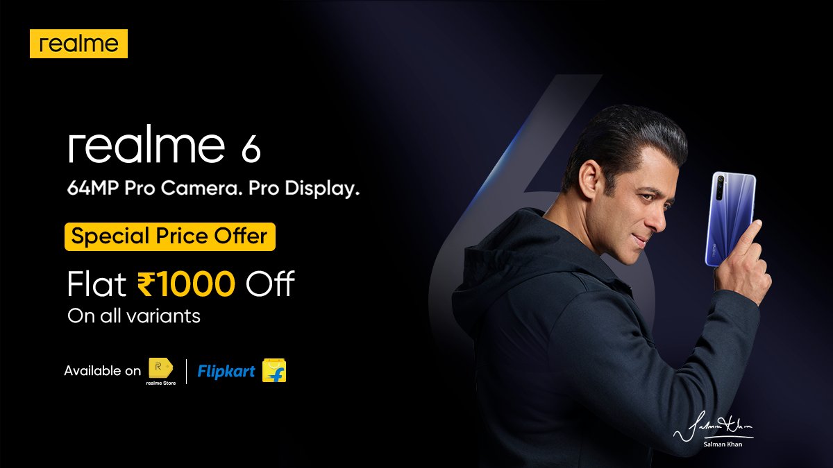 realmeIndia's tweet image. Limited Period Offer 🤩
Get Flat ₹1,000 Off on all variants of #realme6 to experience the magic of 64MP #ProCameraProDisplay. 
Starting from only ₹13,999, till 3rd September on realme.com &amp;amp; @Flipkart.
bit.ly/3gNOPpB