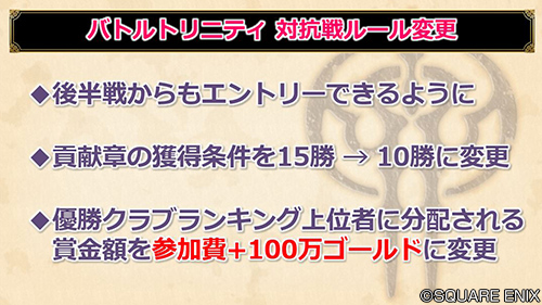 ドラゴンクエストx 公式 Ver5 3 バトルトリニティ 対抗戦のルールを変更しました 後半戦からもエントリー可能となり 貢献章の獲得条件やランキング上位者に分配される賞金額を変更しました また 追加点の獲得条件を調整しています Dq10 ドラゴンクエストx 公式 Ver5 3 バトルトリニティ 対抗戦のルールを変更しました 後半戦からもエントリー可能となり 貢献章の獲得条件やランキング上位者に分配される賞金額を変更しました また 追加点の獲得条件を調整しています Dq10
