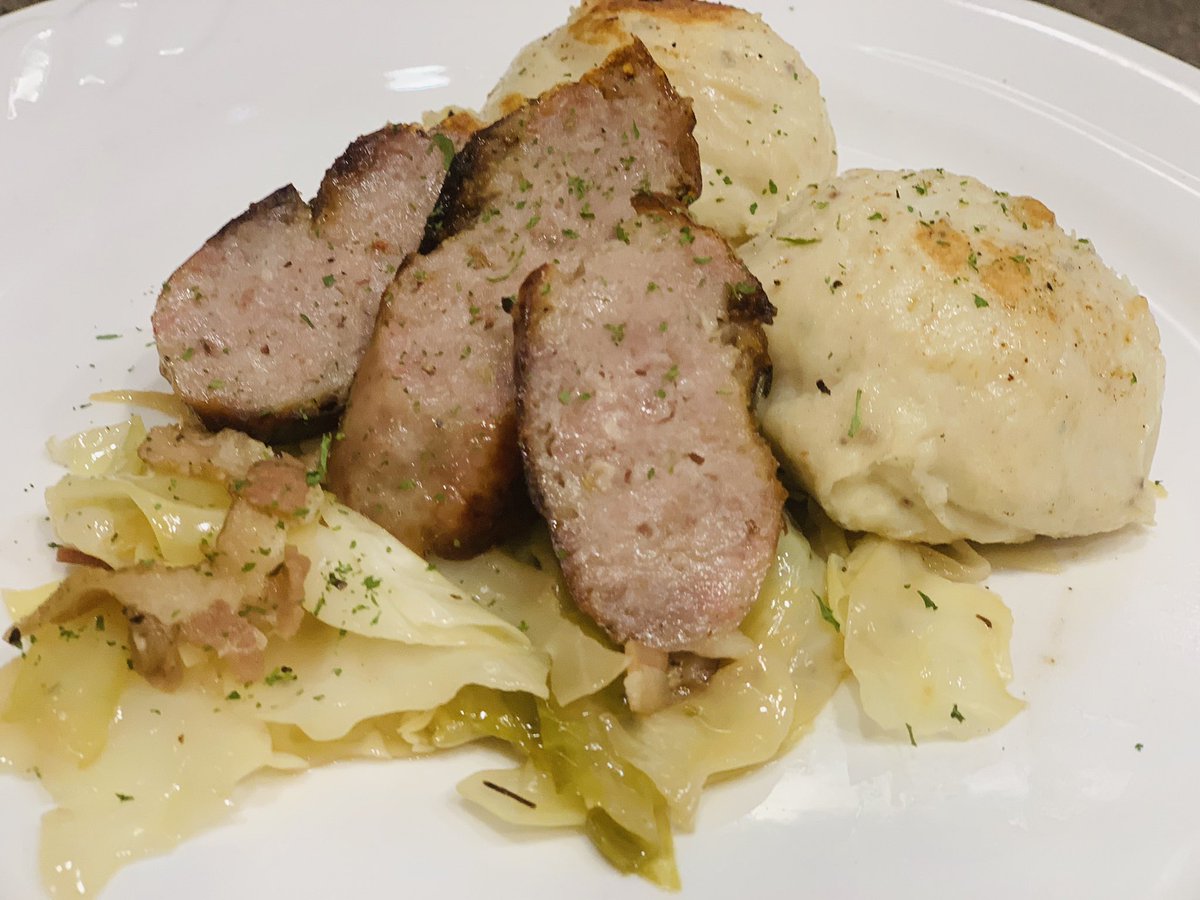 seib_matthew's tweet photo. Kielbasa with sautéed cabbage and homemade potato dumplings for lunch @Carmel_WB great work team @nolafoodguy @SiehlTim @TrilogyLiving @WMBHoosier #homecooking #operation930 https://t.co/YRdou3GDYH