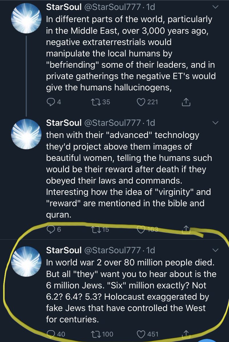 There is great overlap within the StarSeed/Ascension/Q Community and White Supremacists/Holocaust Denier communities. This account has a HUGE platform. It seamlessly blends its messages of love, light, Q & Ascension with Holocaust Denial. Terrifying.