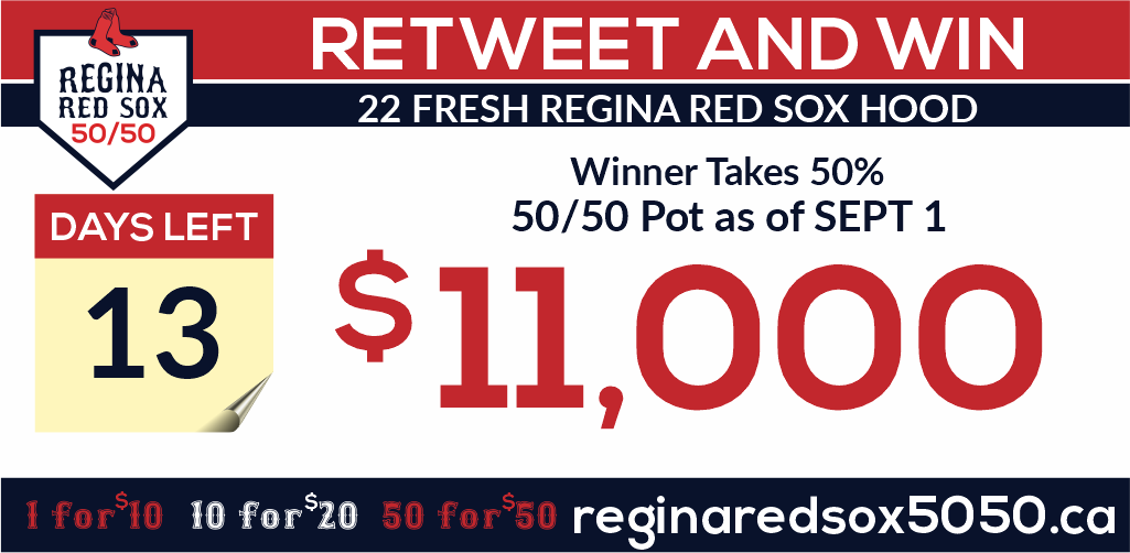 ⚾GOT YOUR TICKET?⚾ - our pot just hit $11,000!

Retweet and and tell us what you would do with $5,500!  By doing so, you could win yourself a Regina Red Sox 22 Fresh Hoodie.  

Next sweater draw is next Monday.