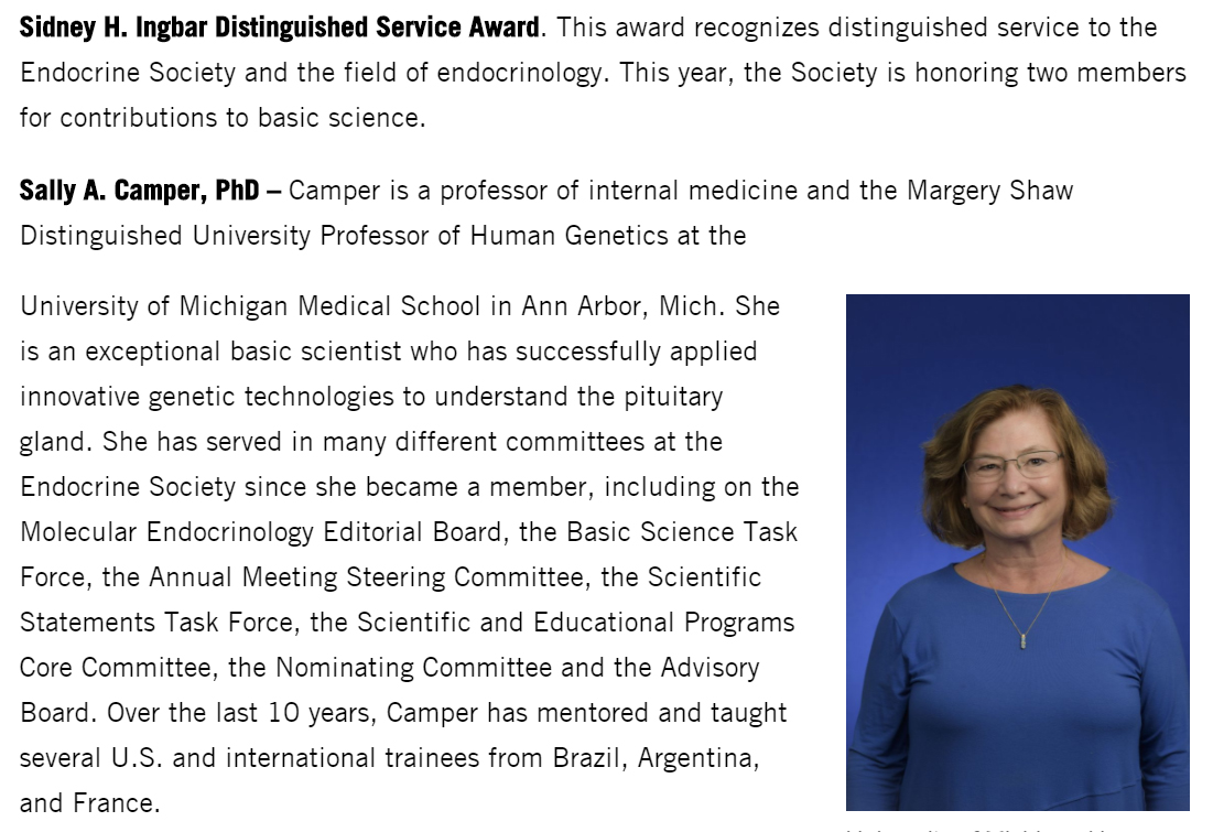 Michigan Genetics (@um_genetics) on Twitter photo Dr. Sally Camper receives the Sidney H. Ingbar Distinguished Service Award! This award recognizes distinguished service to the Endocrine Society <a href="/TheEndoSociety/">Endocrine Society</a> and the field of endocrinology. Dr. Sally Camper receives the Sidney H. Ingbar Distinguished Service Award! This award recognizes distinguished service to the Endocrine Society <a href="/TheEndoSociety/">Endocrine Society</a> and the field of endocrinology.