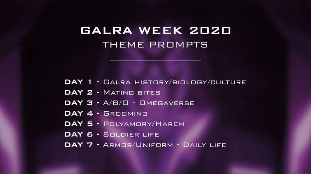 galraweek2020's tweet photo. GALRA WEEK PROMPTS
And here are the winning prompts for the #galraweek2020!

You can now start to work on your pieces to have them ready for the #galraweek opening on NOV. 16th!

09-01 - Prompts revealed
09-01 to 11-15  - Time to work!
11-16  to 11-22  - Galra week 2020! https://t.co/RHNHXf7LSG