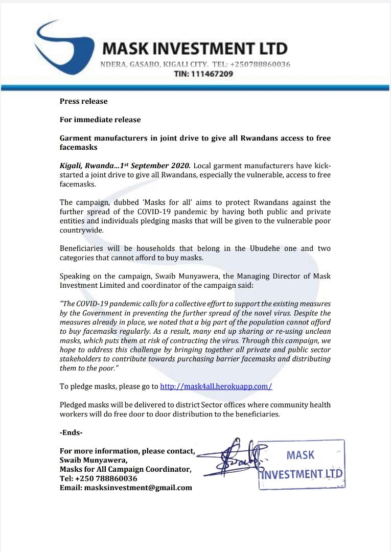 Today we are joining the efforts by GoR to fight the #Covid19Rw pandemic. We are launching a campaign #Mask4allRw to make sure that no Rwandan is left without a barrier facemask. Will you join? Click &amp; pledge mask4all.herokuapp.com <a href="/RDBrwanda/">Rwanda Development Board</a> <a href="/RwandaHealth/">Ministry of Health | Rwanda</a> <a href="/RBCRwanda/">Rwanda Biomedical Centre</a> <a href="/PSF_Rwanda/">PSF Rwanda</a>