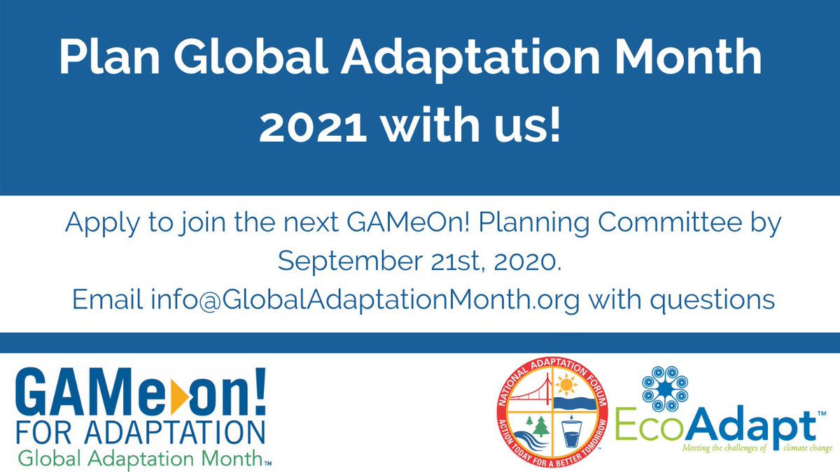 AdaptationMonth's tweet image. Apply to join the #GAMeOnforClimate International Planning Committee. Please share this opportunity with any colleagues who you think may be interested. 

For more details including responsibilities visit forms.gle/qpPskkc1cPsrwB…. Applications close 9/21/20. #ClimateAction