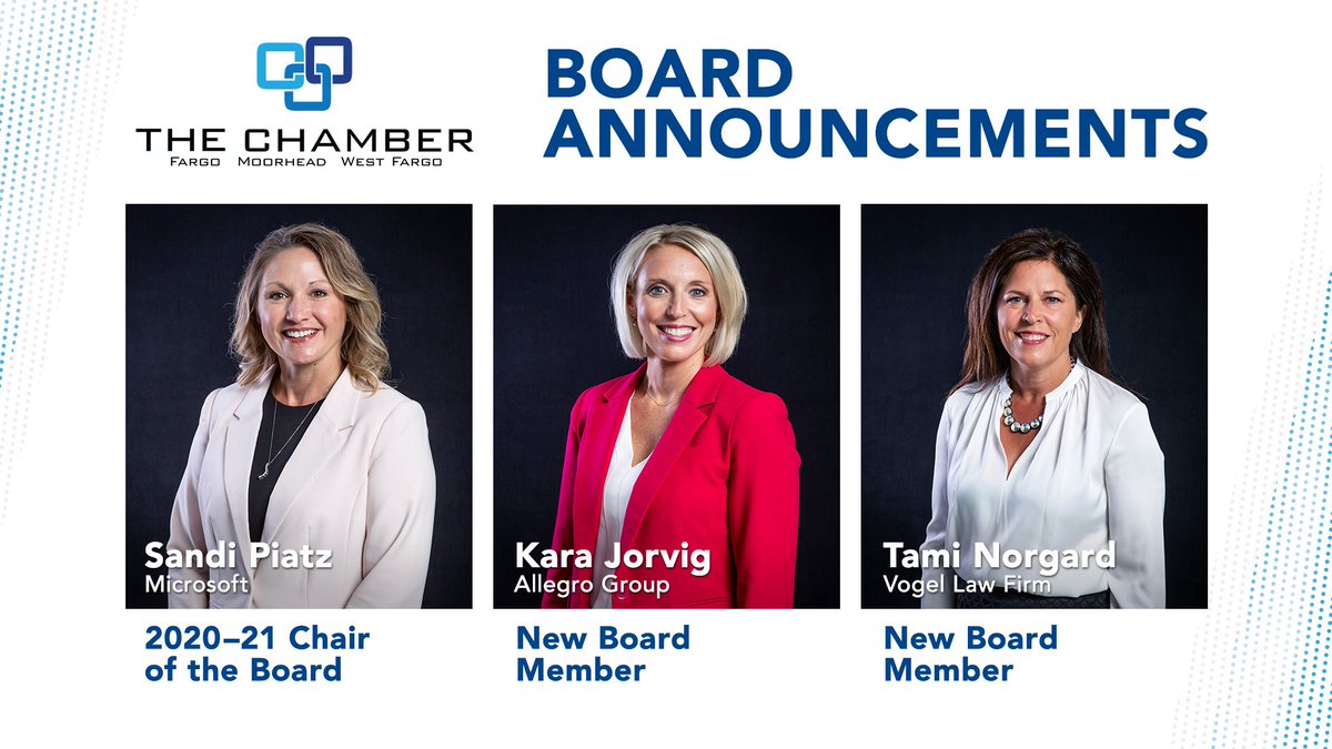 Two new faces are joining our board of directors for 2020-21. Welcome to newly elected board members, Kara Jorvig, Allegro Group, and Tami Norgard, @Vogel_Law! We've also named Sandi Piatz, @MicrosoftFargo, chair. #FMWFMembers