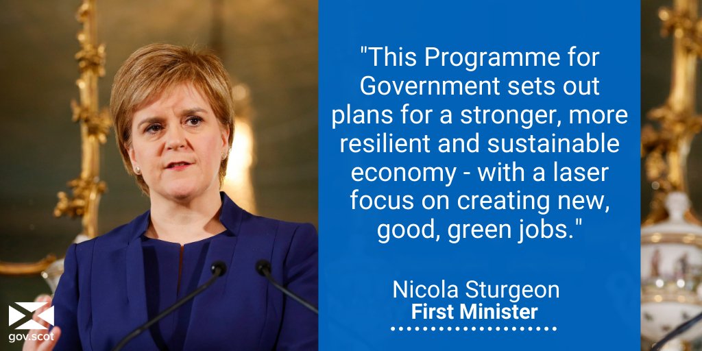 's tweet image. This year’s Programme for Government will introduce policies and Bills that:

🔹 help create new jobs, good jobs and green jobs 
🔹 promote lifelong health and wellbeing
🔹 promote equality and help our young people grasp their potential

#ScotPfG