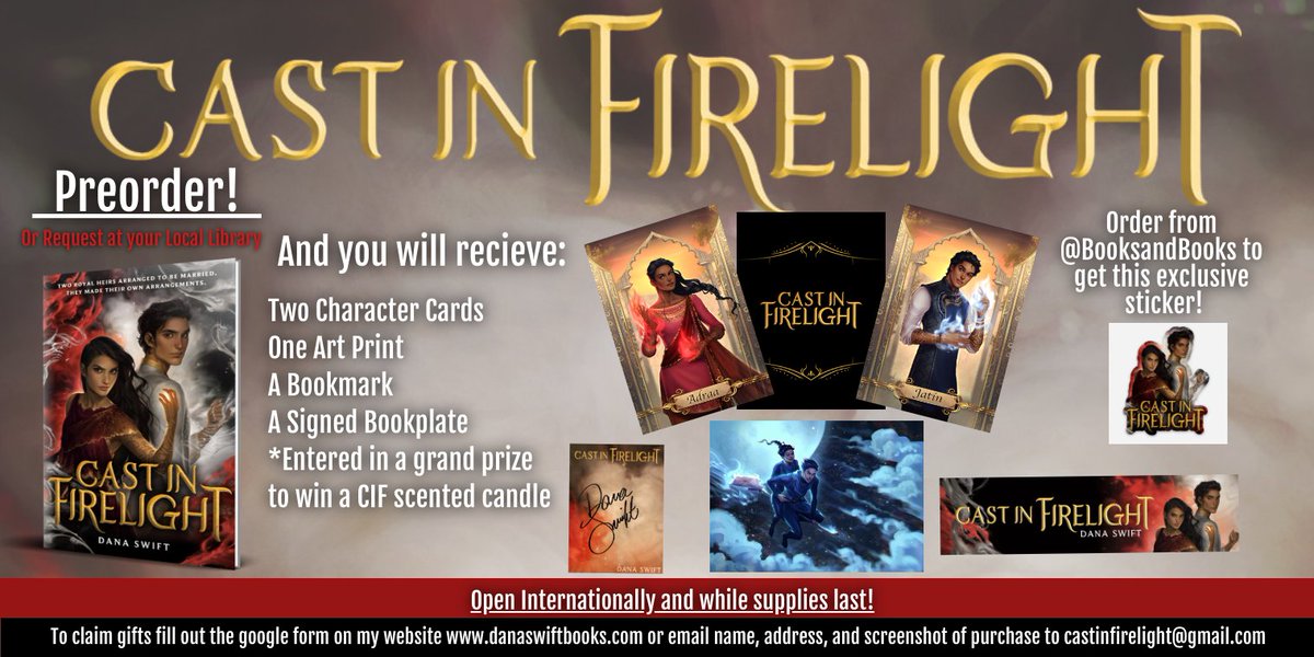 🔥I'm SO excited to announce CAST IN FIRELIGHT's Preorder Campaign!🔥

Enter in 3 easy steps:
1. Preorder or request at a library!
2. Fill out Google Form bit.ly/2EMa4e6
3. Get Gifts! 
#CastinFirelight #Roaring20sDebut

More info + Preorder links: linktr.ee/DanaSwift