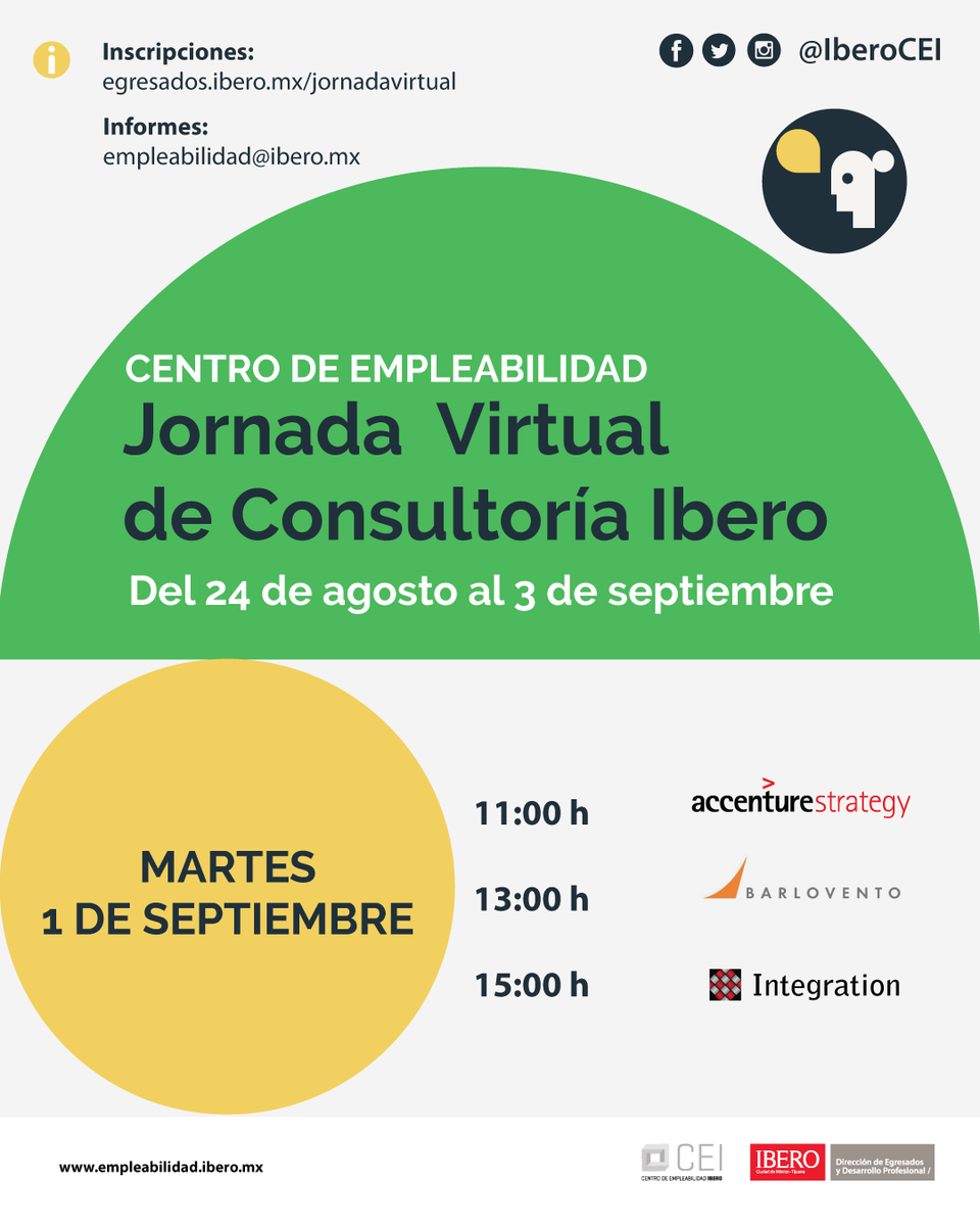 IberoCEI's tweet image. HOY @Accenture_MX, #Barlovento, #IntegrationConsulting en la #JornadaVirtualDeConsultoríaIbero compartirán los requisitos para su proceso de #reclutamiento💼

Aún puedes registrarte▶️ egresados.ibero.mx/jornadavirtual/

@IBERO_mx @IberoCEDE @IberoVincula @CopsaIbero  @IberoEgresados