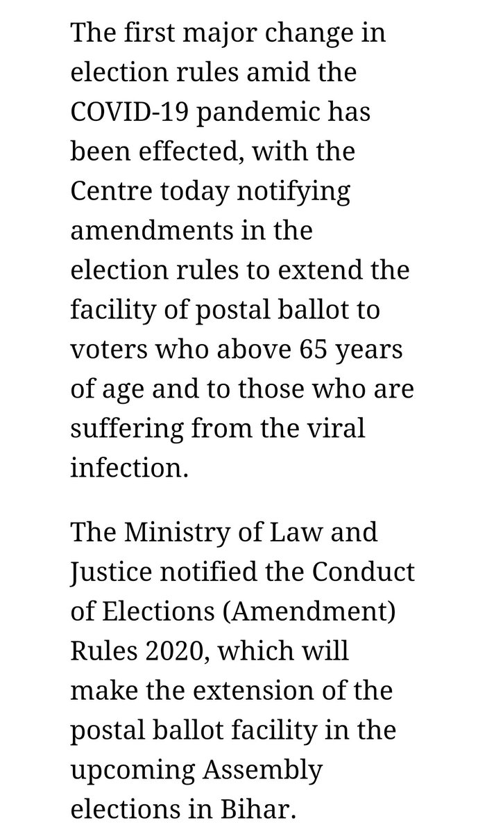 In India the law was changed to extend the use of postal ballot to those over 65 and those who are Covid 19 positive https://www.theweek.in/news/india/2020/07/02/covid-19-patients-and-voters-above-65-now-eligible-to-vote-by-postal-ballot.html