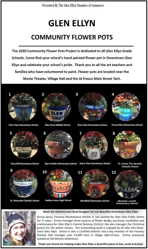 GlenEllynD41's tweet photo. The Glen Ellyn Chamber of Commerce sponsored the 2020 Community Flower Pot Project which included hand painted flower pots from Glen Ellyn School District 41 students! Thank you to all the artists. #d41strongertogether https://t.co/wEL47ejYDU