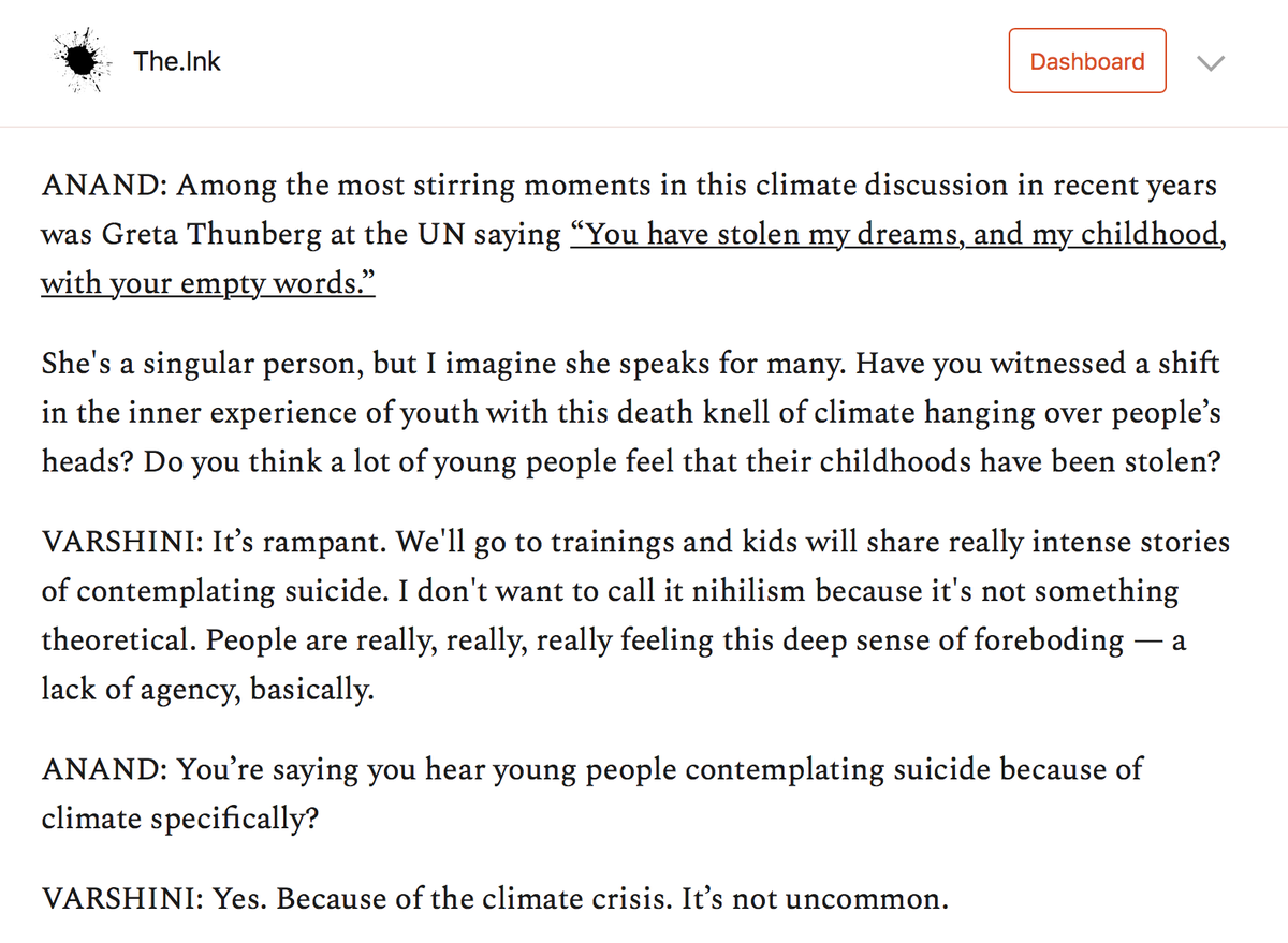 . @sunrisemvmt is powered by young people.I asked  @VarshPrakash how childhood is changing under the doom of climate. Her answer shook me.She hears children contemplating suicide because of climate.Can a movement to solve it be a life-giving antidote? https://the.ink/p/to-solve-everything-solve-climate