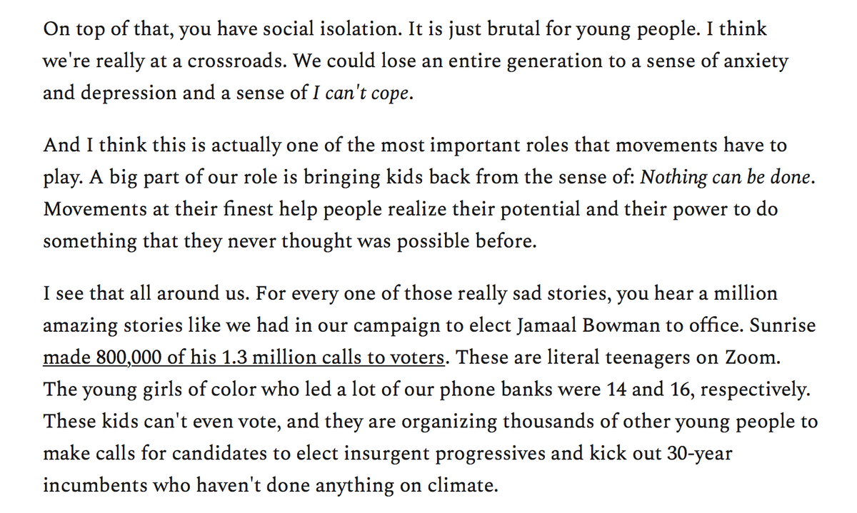 . @sunrisemvmt is powered by young people.I asked  @VarshPrakash how childhood is changing under the doom of climate. Her answer shook me.She hears children contemplating suicide because of climate.Can a movement to solve it be a life-giving antidote? https://the.ink/p/to-solve-everything-solve-climate