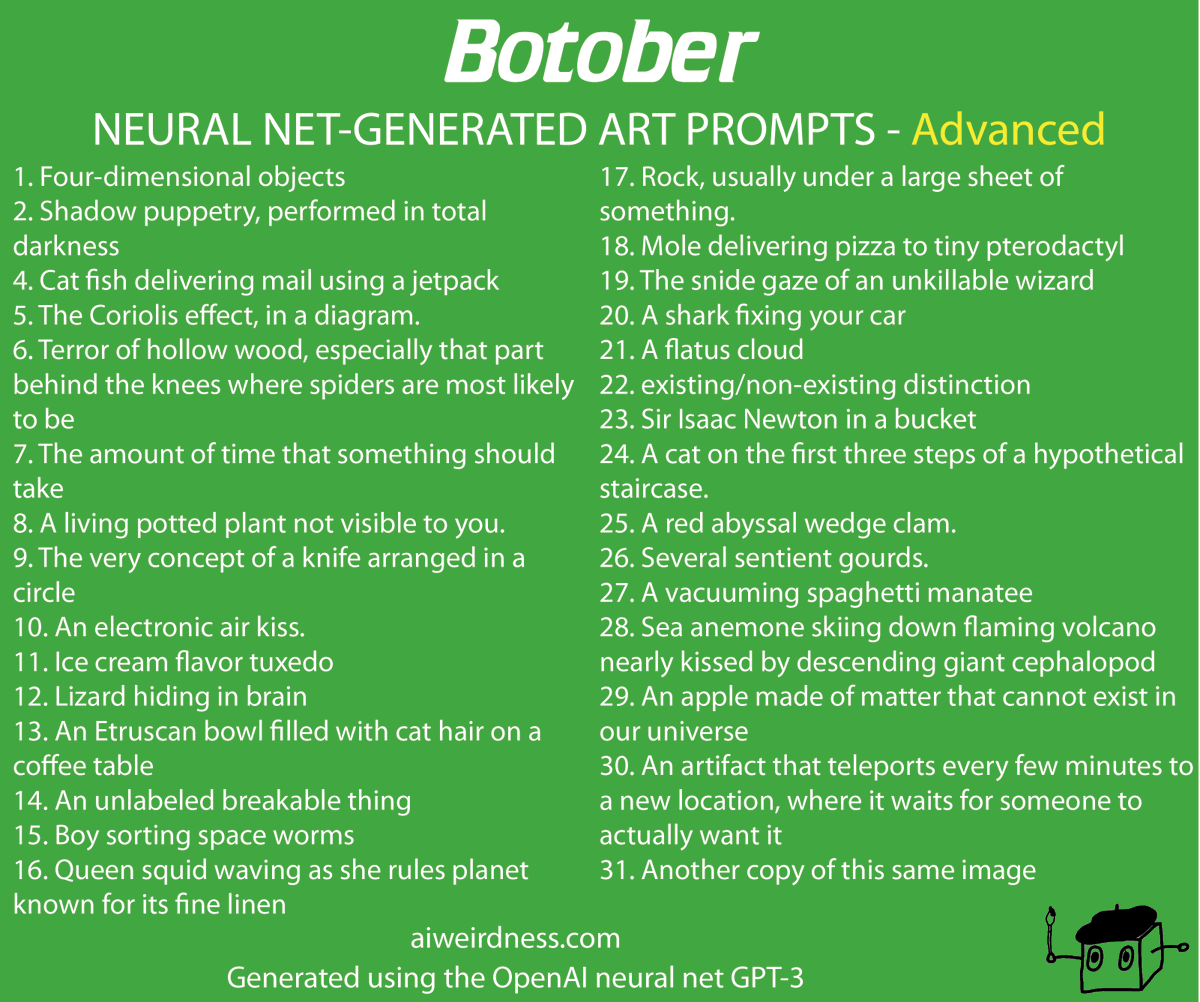 I'm hand-curating the GPT-3 generated  #Botober prompts because many of the neural net's drawing prompts are terrible for one reason or another.Here are some that are unfairly difficult.