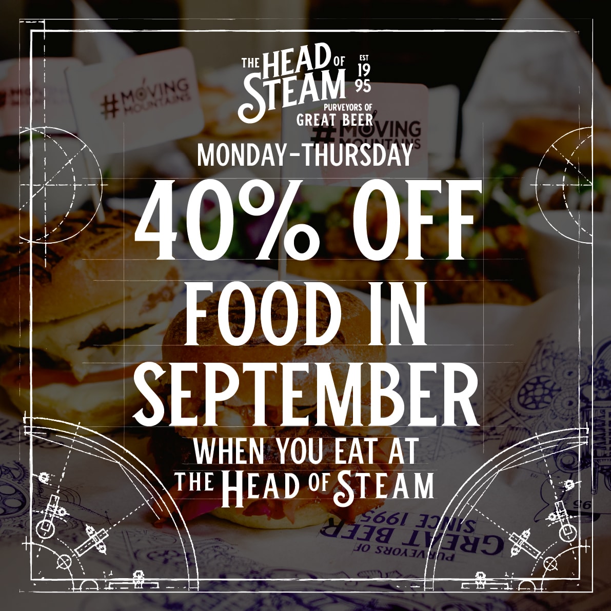A pub is not just for August! Enjoy 40% off food throughout September. Available Monday to Thursday! 😁🍔
