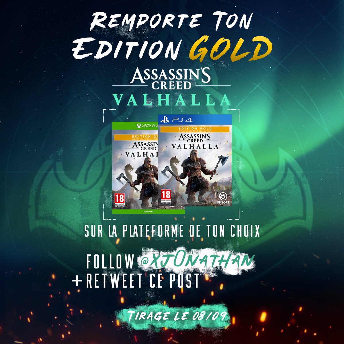 🎁 #CONCOURS 🎁

Je vous (re)propose de remporter une édition Gold de #AssassinsCreedValhalla (jeu + season pass) sur la plateforme de votre choix ! Pour participer :

- Follow <a href="/xj0nathan/">j0nathan</a>
- Retweet ce message

Tirage au sort le 8 septembre. Bonne chance 🤞