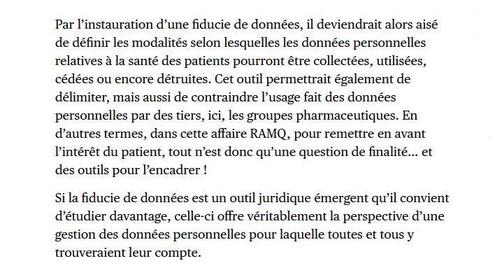 Anne-Sophie Hulin, chercheuse au Centre Paul-André-Crépeau de droit privé et comparé, plaide "Pour une fiducie de données à la RAMQ" en suite à l'idée d'exploiter la « mine d’or » que représenteraient les données de la #RAMQ dans <a href="/LeDevoir/">Le Devoir</a>. mcgill.ca/x/4n5
