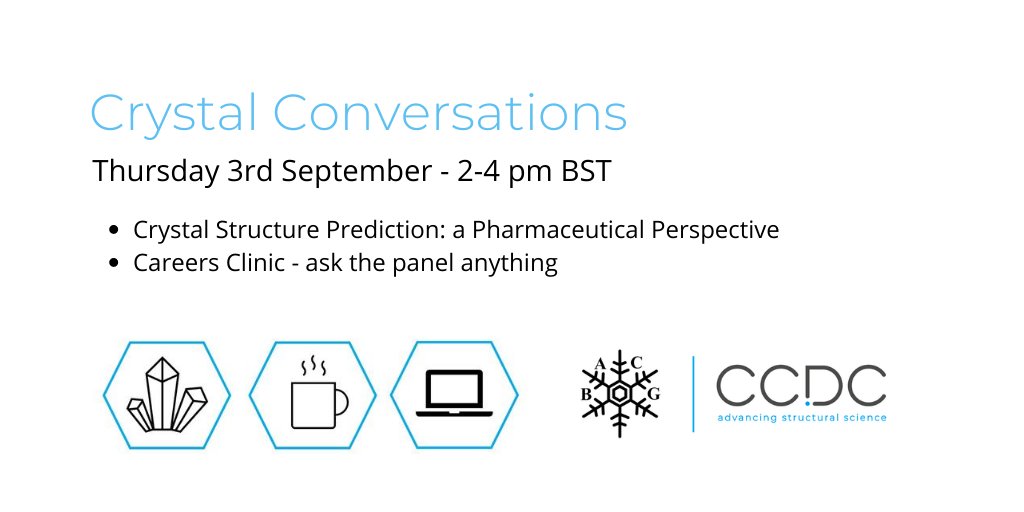 ccdc_cambridge's tweet photo. Just 2 days until September #CrystalConversations with @BACG_ . Learn about Crystal Structure Prediction with Joost van den Ende @Roche, then ask our panel of 6 professionals from all corners of #chemistry anything in the #careers clinic. Register here: https://t.co/mMTH1rv6tE https://t.co/sZyLTfrAlg