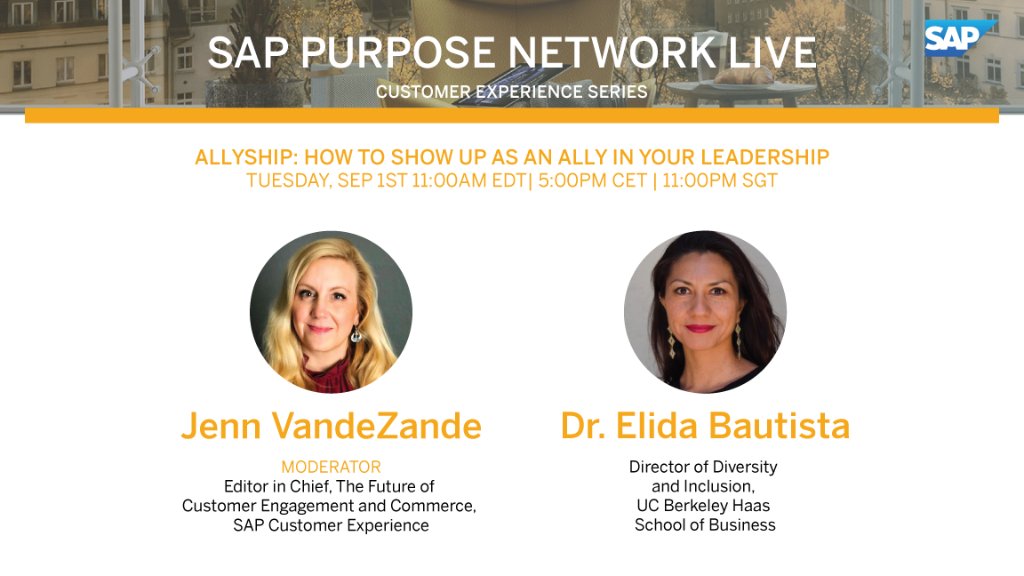 SAP_CX's tweet image. Coming up! Join us as we engage in conversation with Dr. Elida Bautista, UC Berkeley Haas School of Business’ Director of Diversity and Inclusion, with @JennVZande on the topic of #Allyship in your leadership.  sap.to/6016GU5j8 

#SAPPurposeNetwork