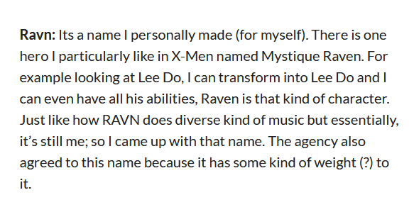 HIS NAME, the biggest nerd flexYoungjo’s stage name Ravn cames from the Xmen character, Mystique Raven! [Source Interview  https://sunstar0110.wordpress.com/2020/05/11/n-donga-interview-jan-2019/]