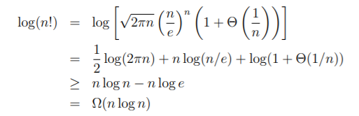 An input of N items produces N! permutations->the decision tree must have N! leavesA tree of height h has at most 2^h leaves Then, 2^h>=N!Taking logs, h>=log(N!)Using Stirling's approximation, h>=NlogNThe minimum number of comparisons has a lower bound of order NlogN