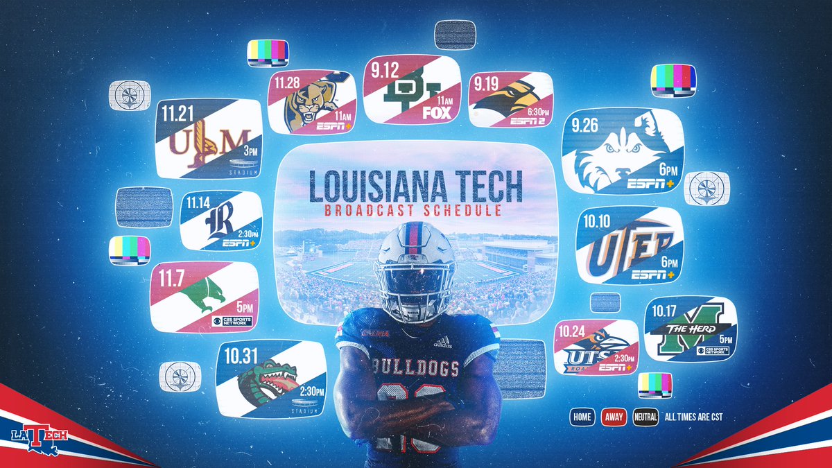 LATechFB's tweet photo. BREAKING | Louisiana Tech's season opener against Baylor will air on FOX at 11 a.m. (CT), on Saturday, Sept. 12. LA Tech's game against Southern Miss will now air on ESPN2 at 6:30 p.m. (CT), on Saturday, Sept. 19, at M.M. Roberts Stadium.

📰 https://t.co/ls7ygk8ax6

#EverLoyalBe https://t.co/EejAGx5lDf