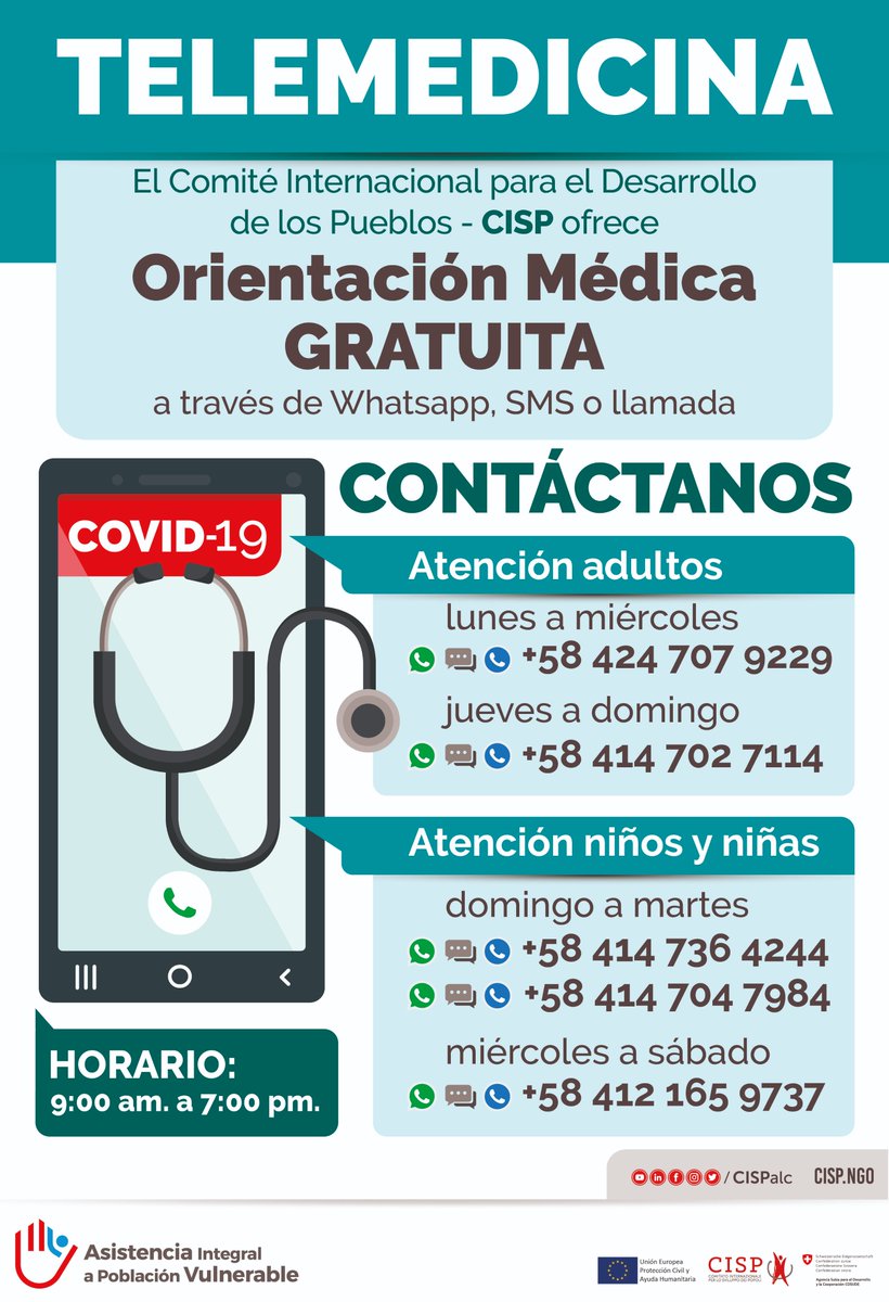 <a href="/CispVenezuela/">Cisp Venezuela</a> atendiendo a la inquietudes que puedas tener sobre tu salud o la de tu familia, te ofrece el servicio de orientación médica gratuita con personal especializado #QuedateEnCasa #LavateLasManos #DistanciamientoSocial #UsaMascarilla