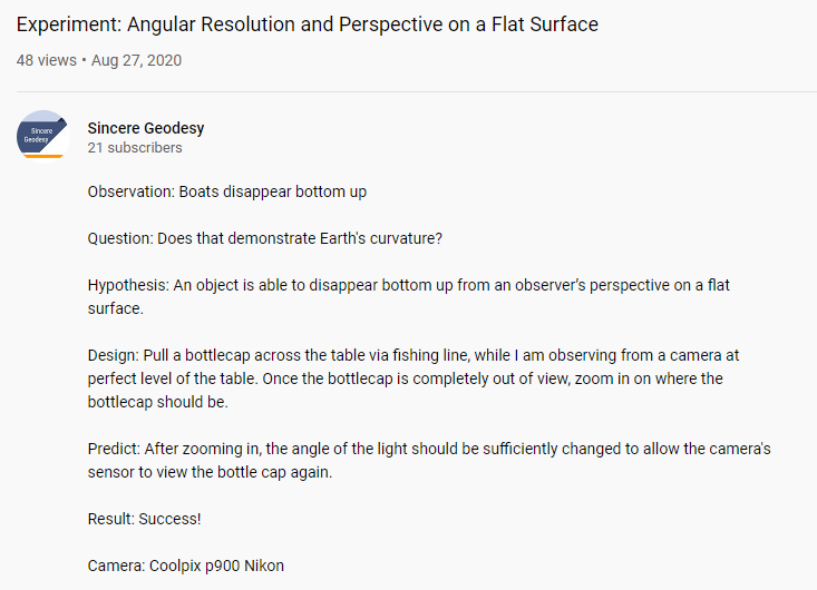 Finally,  @SincereGeodesy& #39;s entire premise is flawed. The bottle cap on a table is not equivalent to a boat on the water. He did not establish the "flatness" of his table. Even if he did, it does not equate to a measurement of Earth& #39;s surface.
