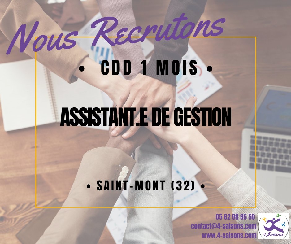 🗃OFFRE D'EMPLOI 🗃
Nous recherchons pour l'un.e de nos adhérent.e.s un.e Assistant.e de Gestion à Saint-Mont. Est-ce vous ? Plus d'infos sur l'offre et possibilité de postuler en ligne : bit.ly/2GjlXcg
#recrutement #gers #saintmont #cdd #assistantgestion