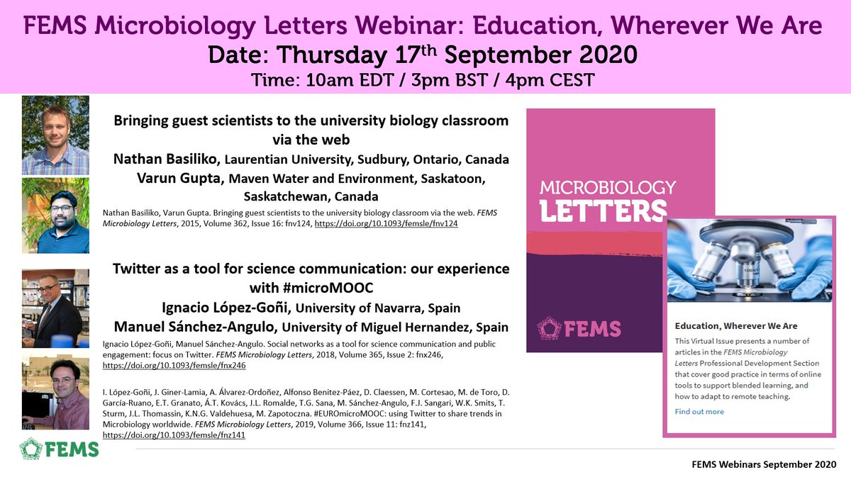 Education, Wherever We Are: register for this webinar on #InternationalMicroorganismDay from FEMS Letters looking at Twitter as an education tool and guest scientists in the classroom via the web. #FEMSjournals #education register.gotowebinar.com/register/49289…