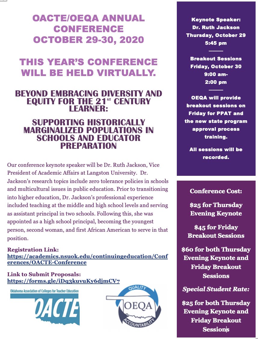 ECUEdDept's tweet photo. All educators and educators-to-be are invited to participate in the OACTE/OEQA Annual Conference. This year the conference will be held virtually on Thursday, October 29th-Friday, October 30th.  #OACTE #OEQA #OnceATiger #AlwaysATiger #oklaed https://t.co/wrjxYqzECI