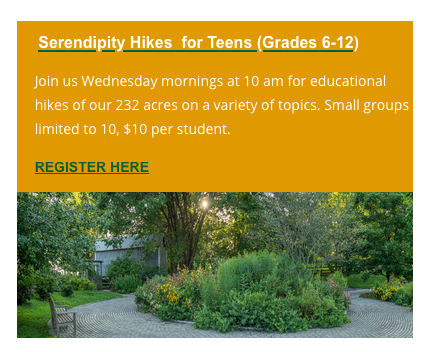 AnnStrozyk's tweet photo. With all this screen time, our Teens will need a break! Check out our Serendipity hikes just for teens on Wednesdays at 10 am. https://t.co/MlbpZFnd5o Please share! https://t.co/Smt6mn2eEy