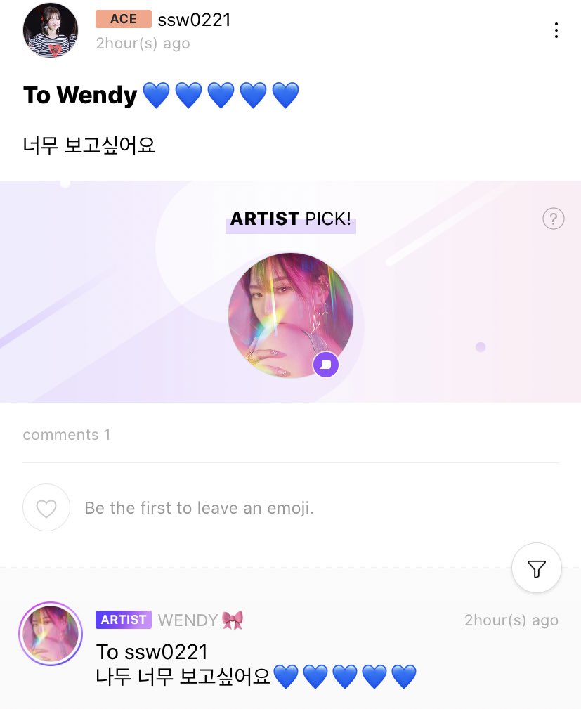 Fan: To Wendy  I miss you so much Wendy: To ssw0221I miss you so much too 