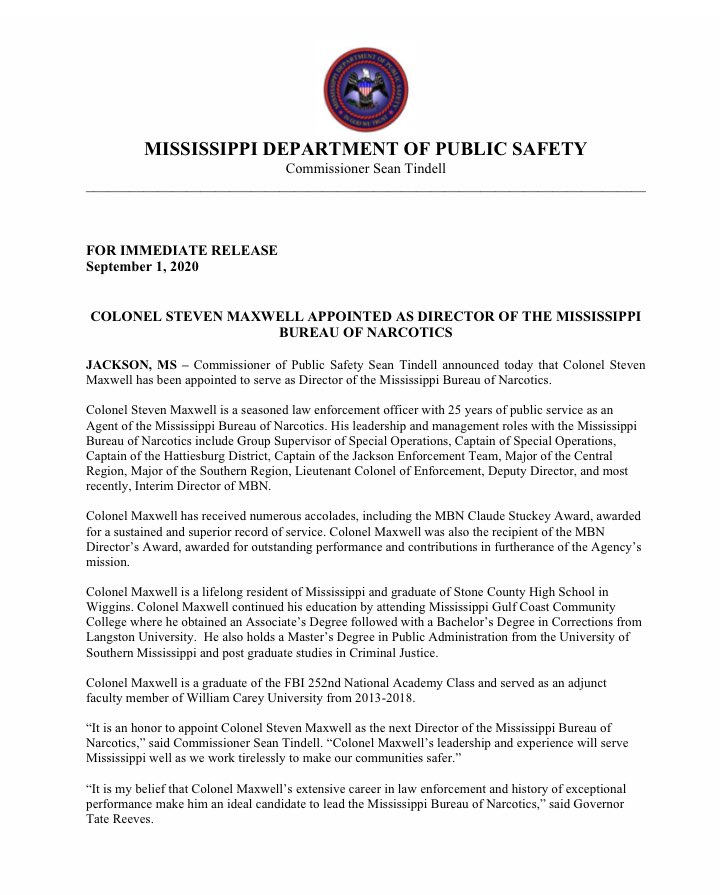 MissDPS's tweet image. Colonel Steven Maxwell Appointed as Director of the Mississippi Bureau of Narcotics