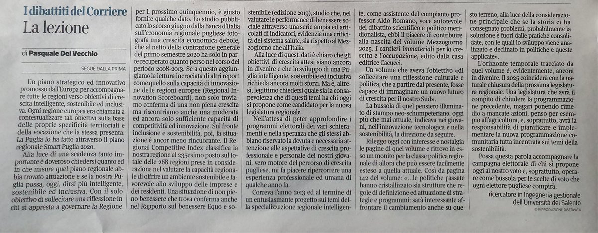 padeve's tweet image. #Giovani, #innovazione #sostenibilità. 
Quale sviluppo per la Puglia? 
Oggi su @corrmezzogiorno una mia riflessione sull'attualità del pensiero del prof.Aldo Romano e sul futuro che siamo chiamati a costruire! 
#puglia2020 #elezioni #futuro #europa