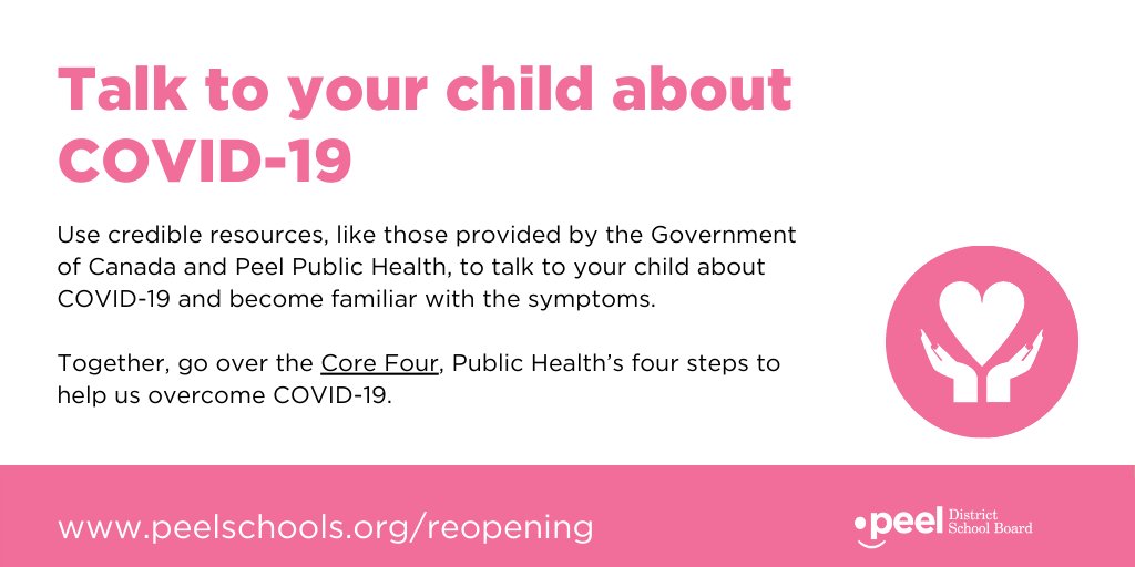 Talk to your child about COVID-19 💬

🔸Use credible resources to talk to your child about COVID-19 &amp; become familiar with the symptoms
🔸Together, go over the Peel Public Health’s 4 steps to help us overcome COVID-19
 
➡️canada.ca/en/public-heal…
➡️peelregion.ca/coronavirus/
 
(2/4)