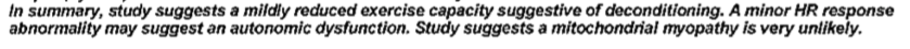 88. Sure enough, when I finally got a copy of the report from the lab, the best they could come up with was: “...study suggests a mildly reduce exercise capacity suggestive of deconditioning. A minor HR response abnormality may suggest an autonomic dysfunction."